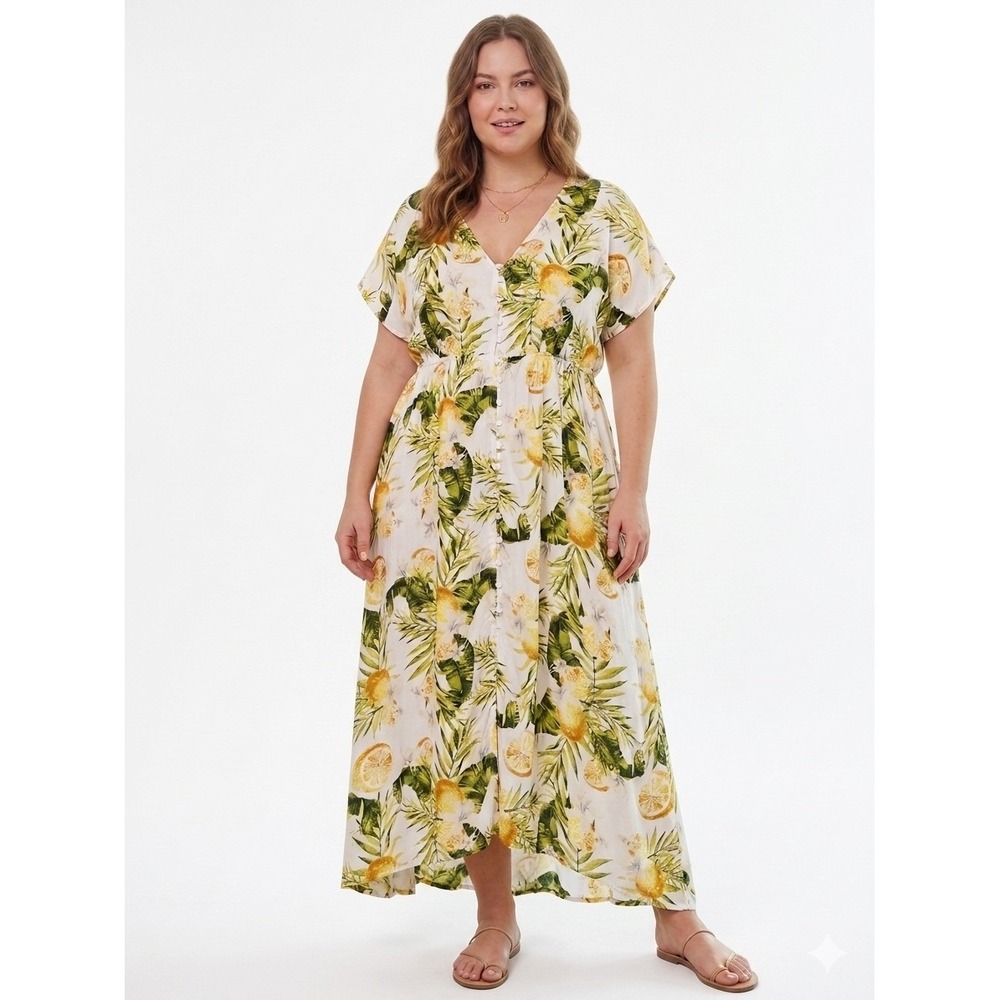 Label of Love Lemon Tropical Print Maxi Dress XL Button Front High Low Rayon